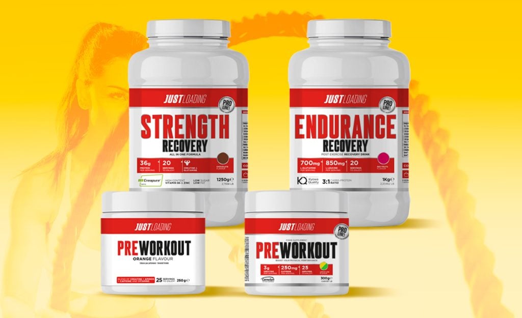 Suplementos JustLoading Strength Recovery, Endurance Recovery y Pre Workout para antes y después de entrenar