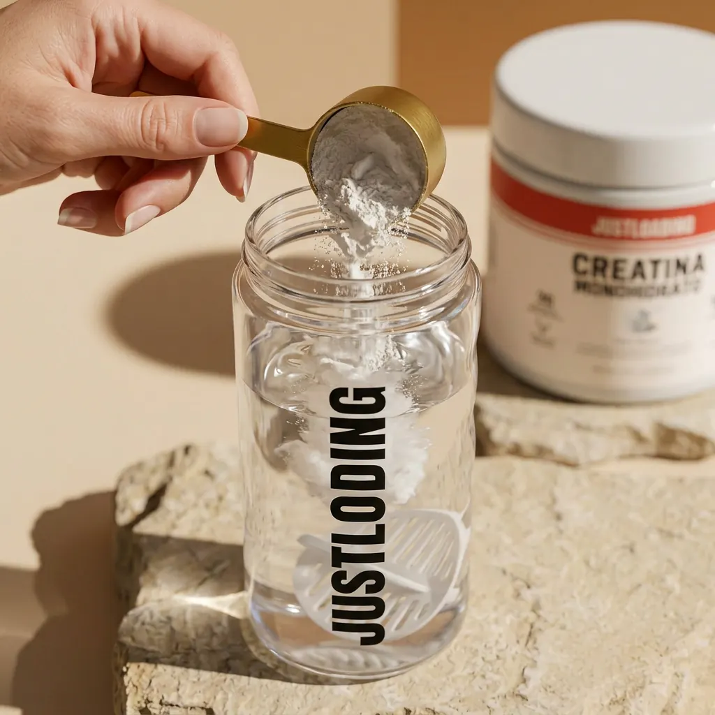Cacito de creatina en polvo cayendo en un bote mezclador de JustLoading antes de entrenar
