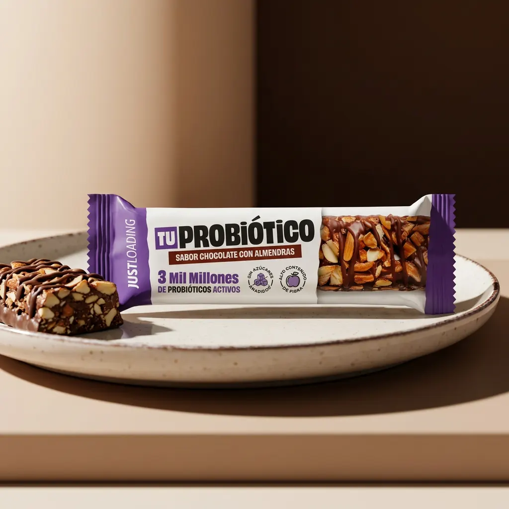 Barrita con probióticos de chocolate y almendras en su envoltorio morado, sobre un plato de cerámica