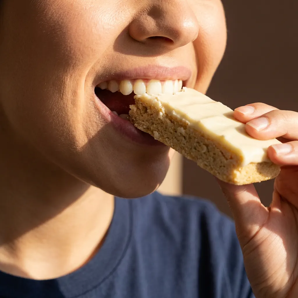 Persona mordiendo una barrita de avena con cobertura de chocolate blanco