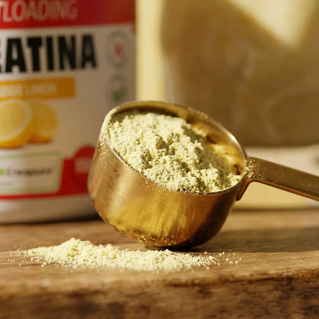 Cacito de creatina monohidrato en polvo sobre madera junto al bote de JustLoading