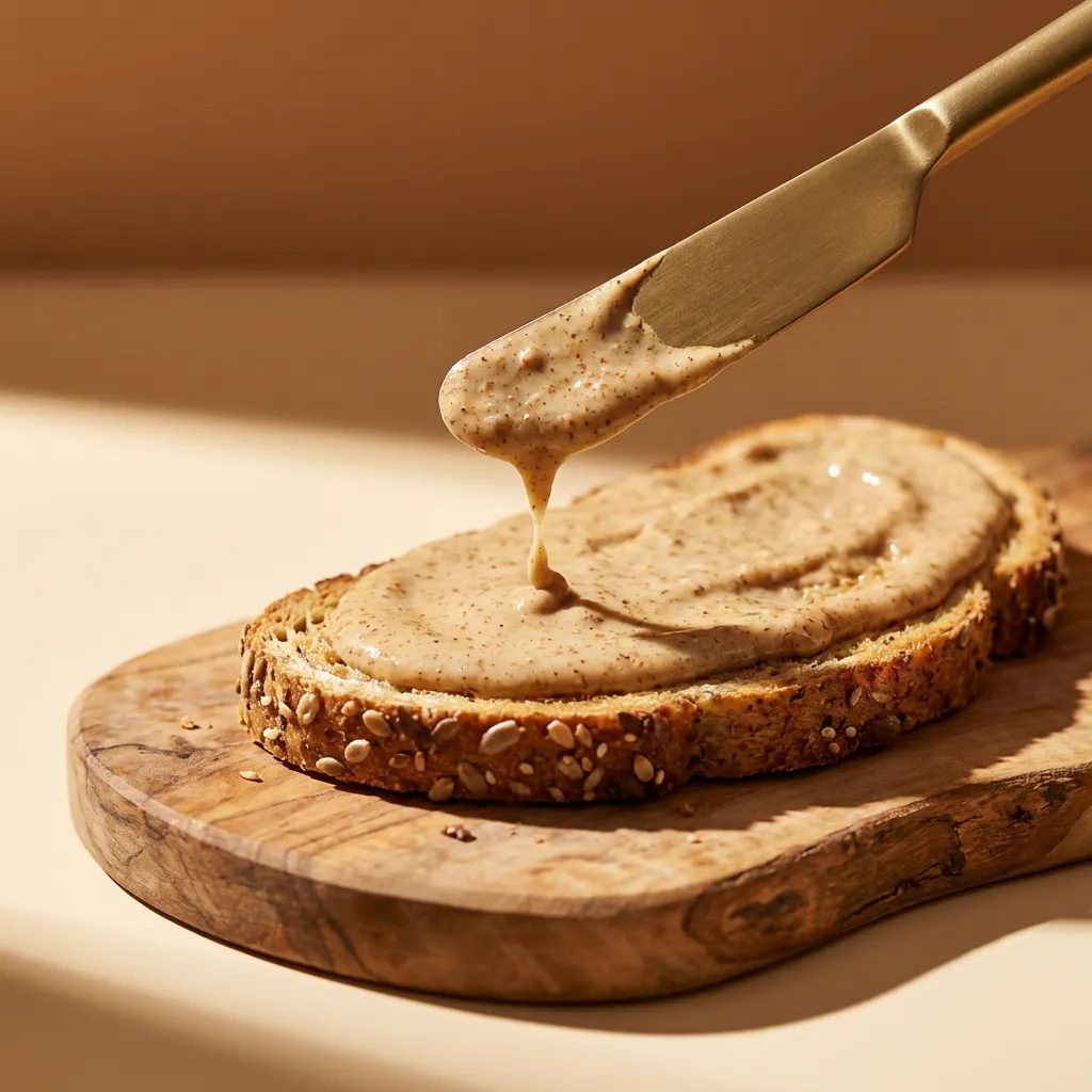 Crema de frutos secos untada sobre una tostada de pan integral en una tabla de madera