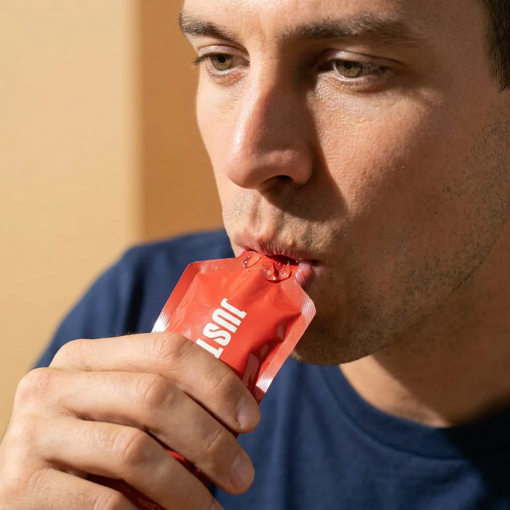 Deportista tomando un gel energético de JustLoading directamente del sobre