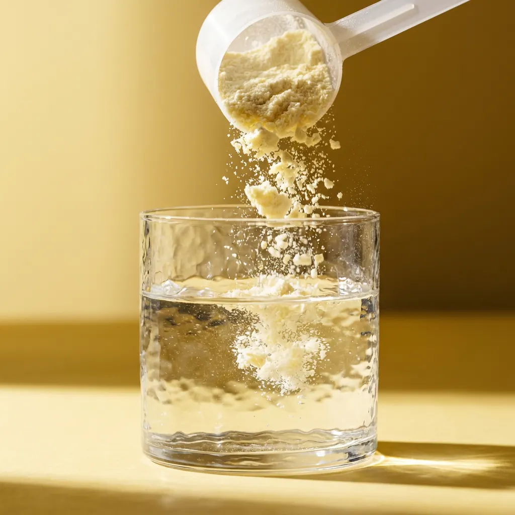 Cacito de electrolitos en polvo cayendo en un vaso de agua