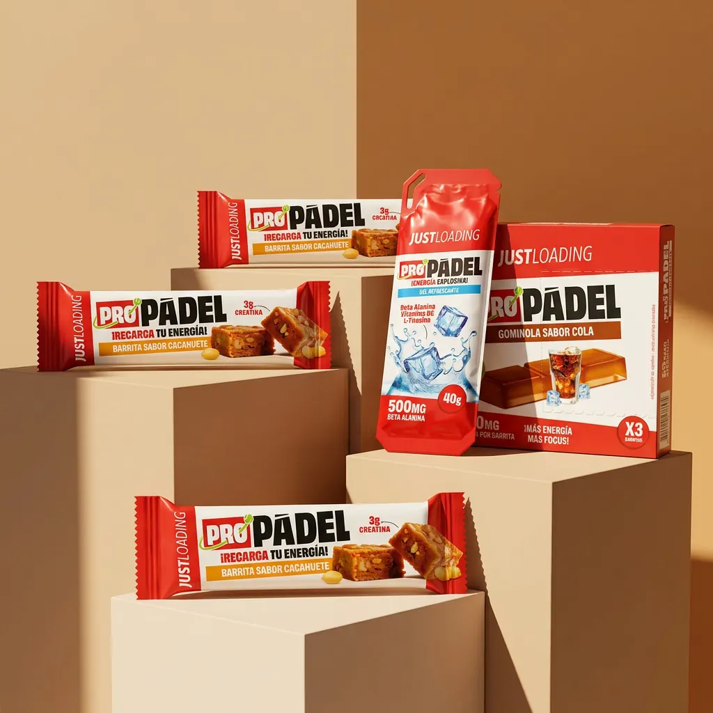 Bars, gel and gummies from JustLoading's sports nutrition range on a beige background