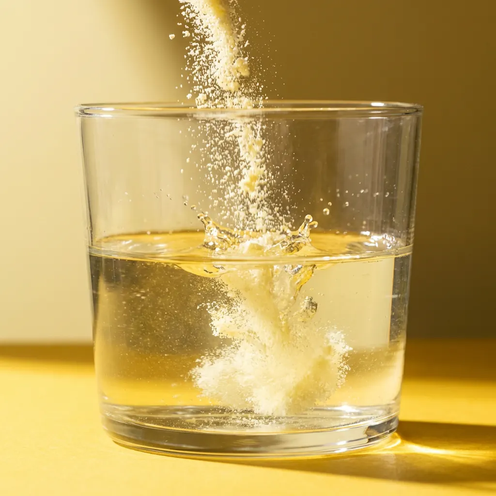 Water flavoring powder falling into a glass of water