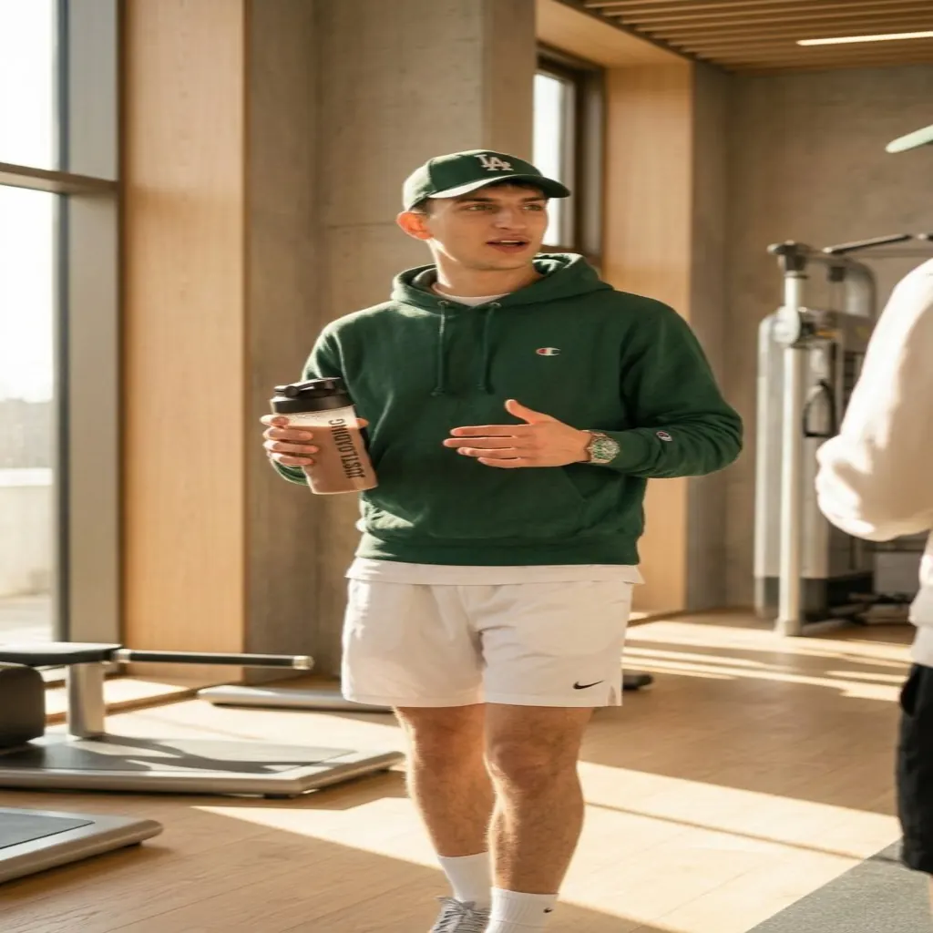 Deportista en el gimnasio con un shaker de JustLoading y su suplementación deportiva del día