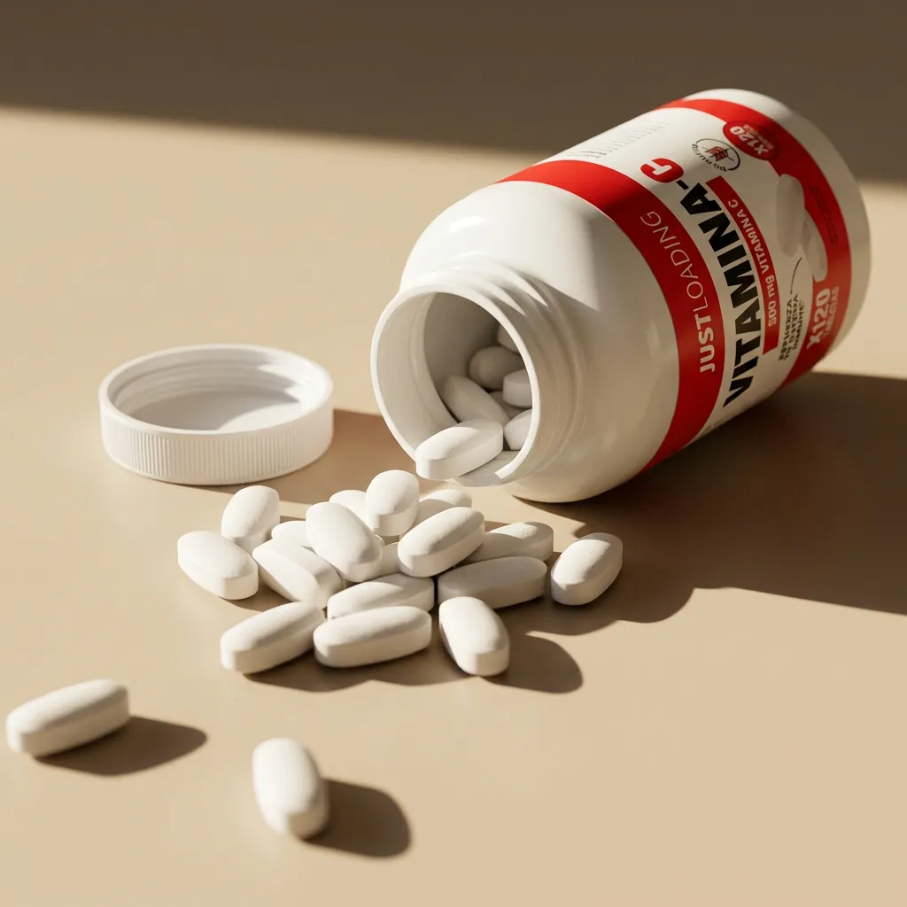 Vitamin C tablets and marine collagen powder, vitamins and minerals for athletes