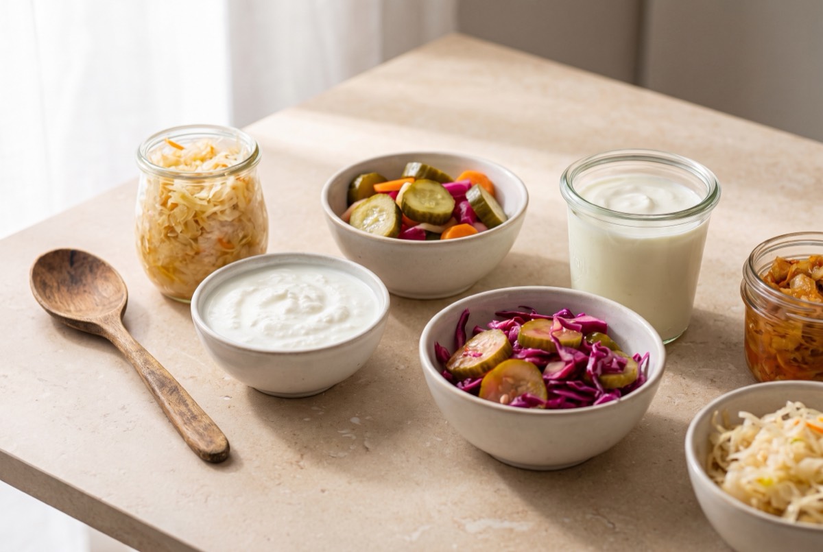 Tarros y cuencos con chucrut, kéfir, yogur natural y verduras encurtidas sobre una superficie clara