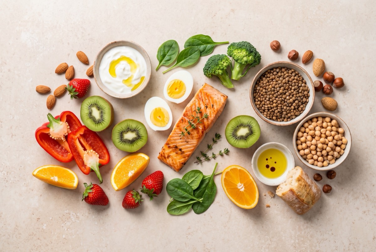 Salmón a la plancha, huevos cocidos, kiwis, naranjas, fresas, pimiento rojo, brócoli, espinacas, lentejas, garbanzos, frutos secos, yogur y aceite de oliva sobre una superficie clara