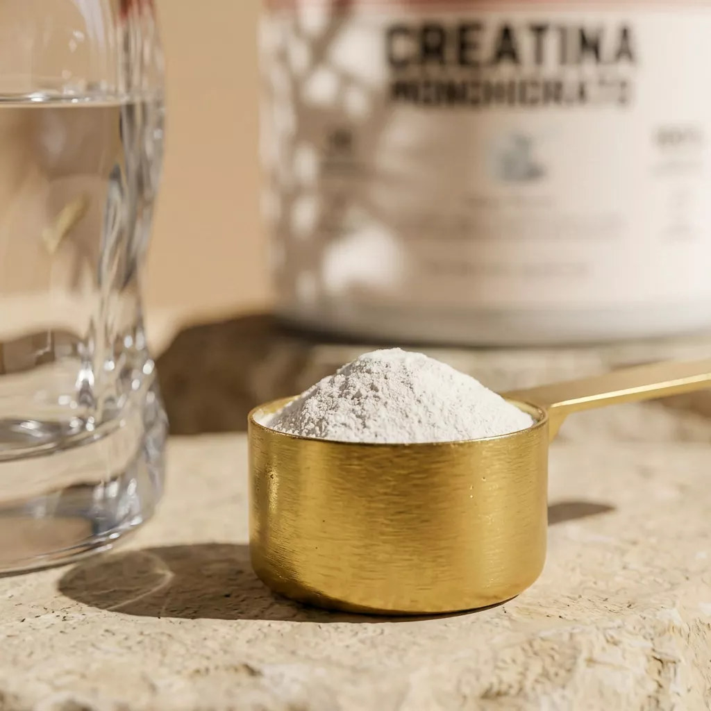 Cacito dorado lleno de creatina monohidrato en polvo, con el bote de creatina desenfocado al fondo y un vaso de agua al lado