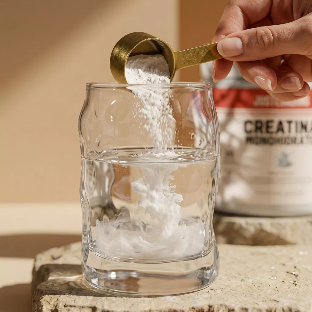 Mano echando un cacito de creatina monohidrato en polvo en un vaso de agua, con el bote de JustLoading al fondo