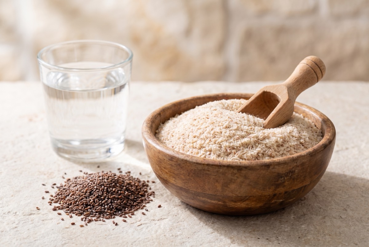 Cuenco de madera lleno de cáscara de psyllium con una cuchara, un montón de semillas de psyllium y un vaso de agua