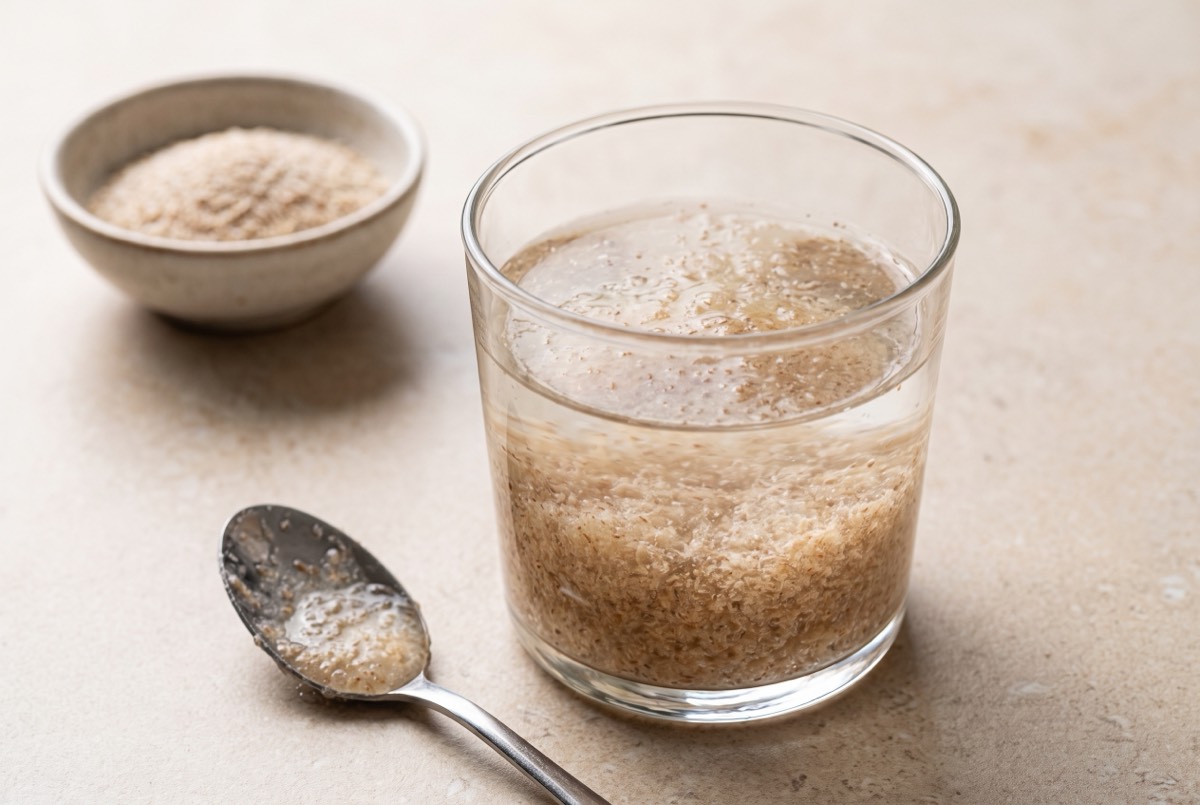 Vaso de agua con una cucharada de psyllium removida que empieza a espesar en forma de gel