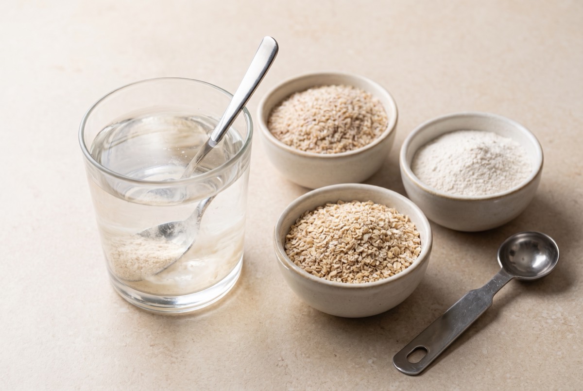 Suplementos de fibra: psyllium, inulina, betaglucanos y GOS, cuál elegir Vaso de agua con una cucharada de fibra en polvo disolviéndose, junto a cuencos con cáscara de psyllium, salvado de avena y una fibra en polvo blanca