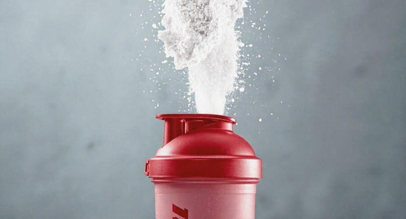 Coctelera roja con una nube de polvo blanco de creatina saliendo por arriba, sobre fondo gris