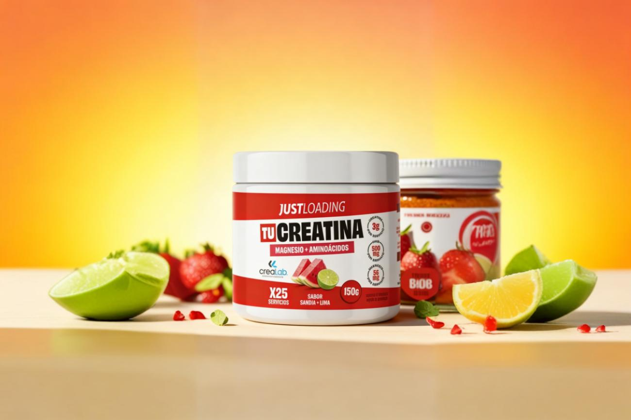 Creatina JustLoading 150 g sabor sandía y lima Bote blanco y rojo de Tu Creatina de JustLoading con magnesio y aminoácidos, formato 150 g sabor sandía y lima, sobre una tabla de madera con medias limas, fresas, gajos de limón y granos de granada