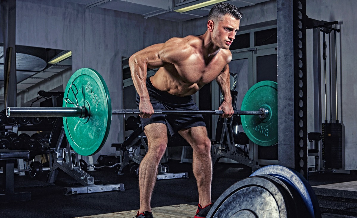 Suplementos para ganar masa muscular Bote de proteína whey y creatina de JustLoading sobre una mancuerna